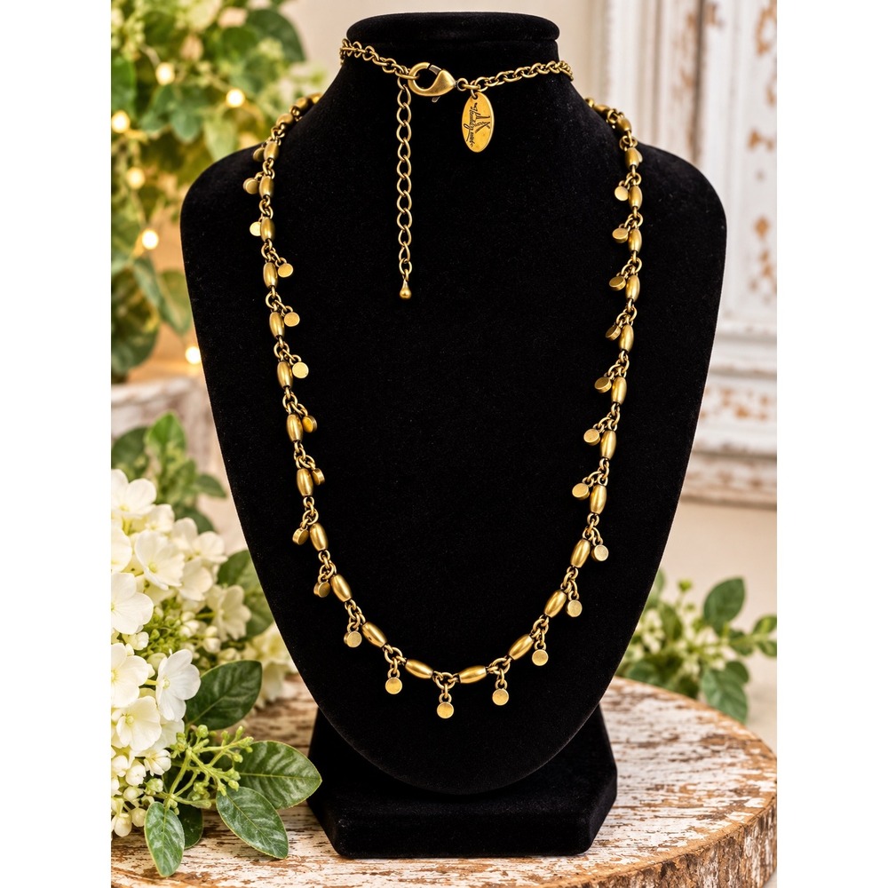 Thirty-One Antique Brass Tone Disc Bead Charm Necklace Boho Adjustable 19 Inch